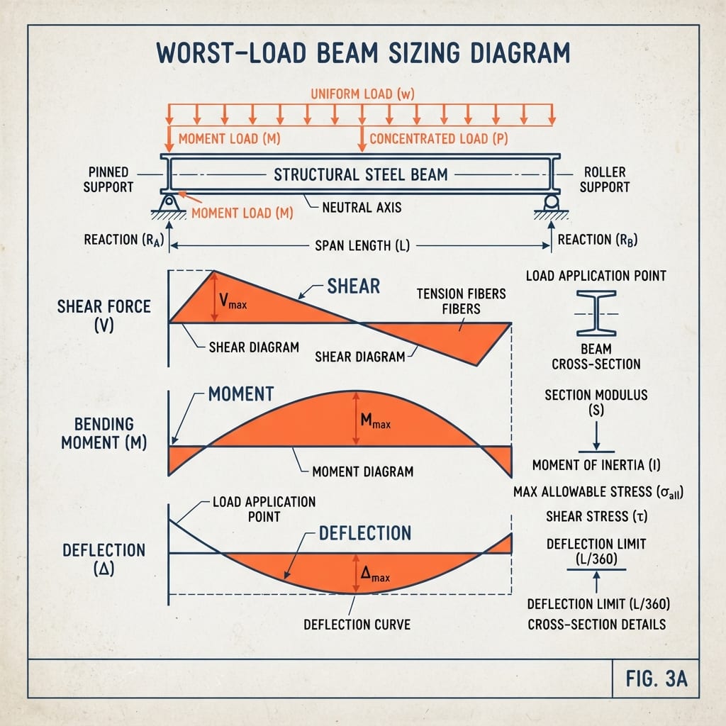 Beam-loading diagram of a floor joist sized for the worst load, not the average load, the span stenciled “the floor budget.”