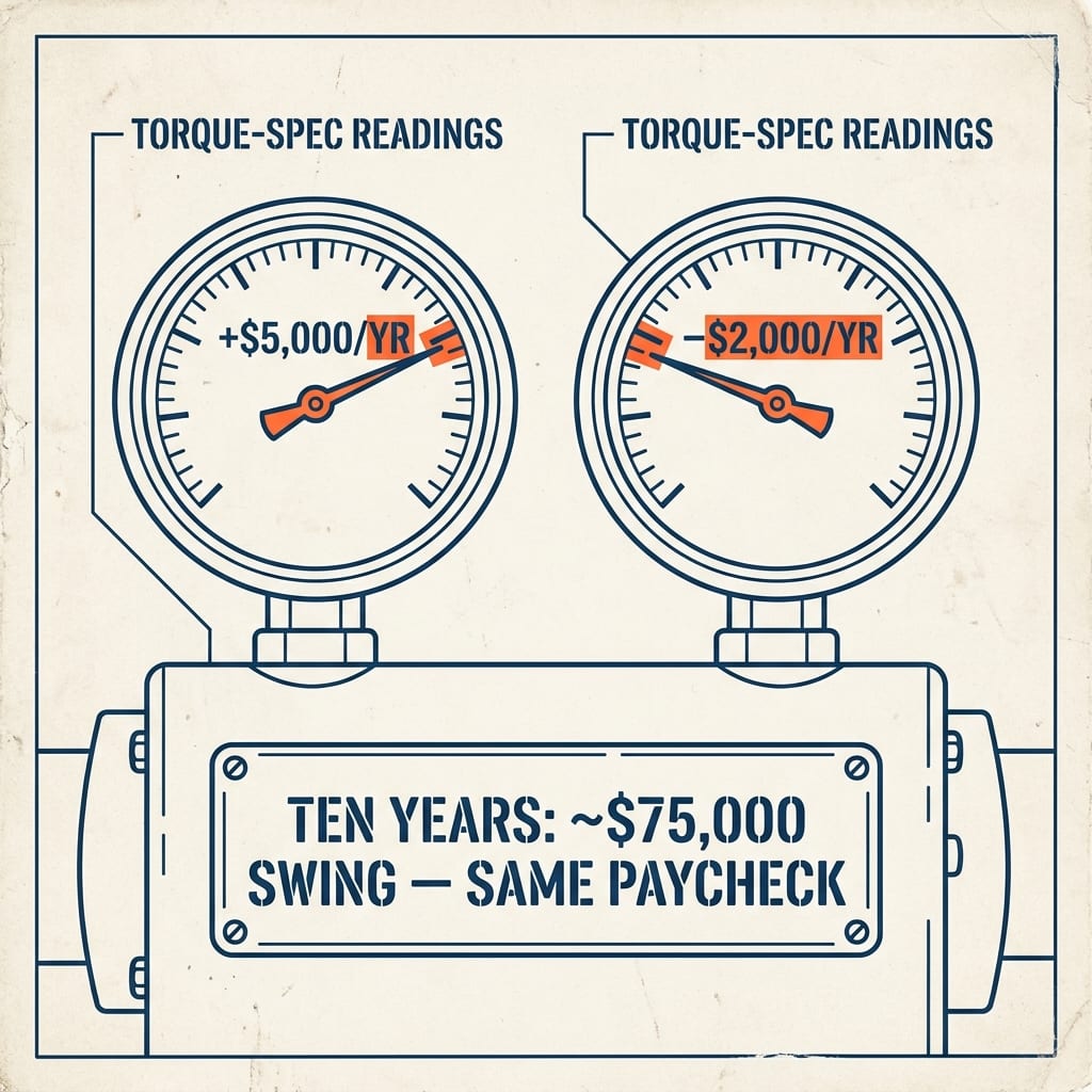 Balance-scale diagram: one pan earns $50K and spends $45K for +$5,000/yr, the other spends $52K for −$2,000/yr, a dimension line between them stamped ≈$75,000 swing over 10 years.
