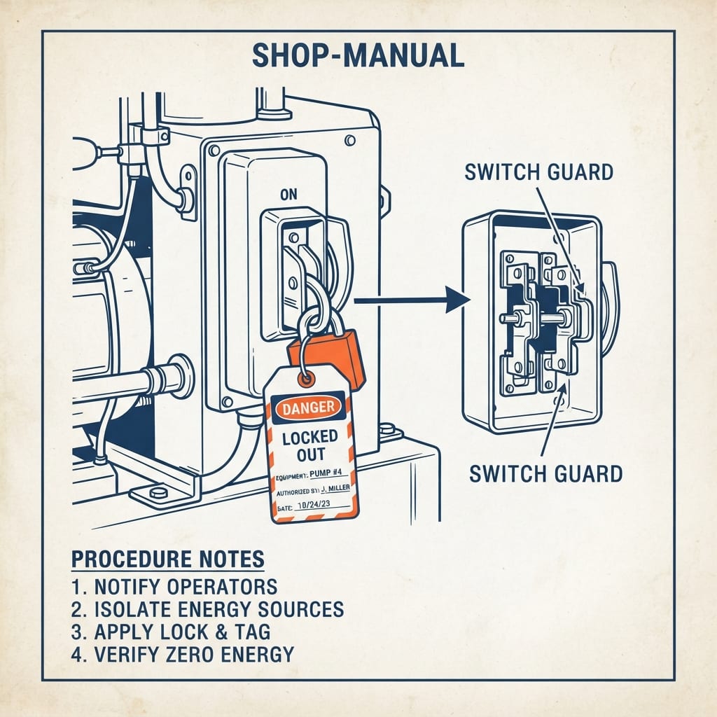 A lockout-tagout hasp and orange tag on an electrical breaker labeled “savings — do not operate,” with a small plate reading “day after payday.”