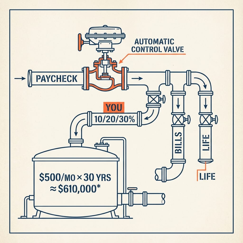 Pipe-manifold diagram: a paycheck splits through an automatic valve; the first outlet (you, 10/20/30%) feeds a tank stamped $500/mo × 30 yrs ≈ $610,000, the rest flowing to bills and life.