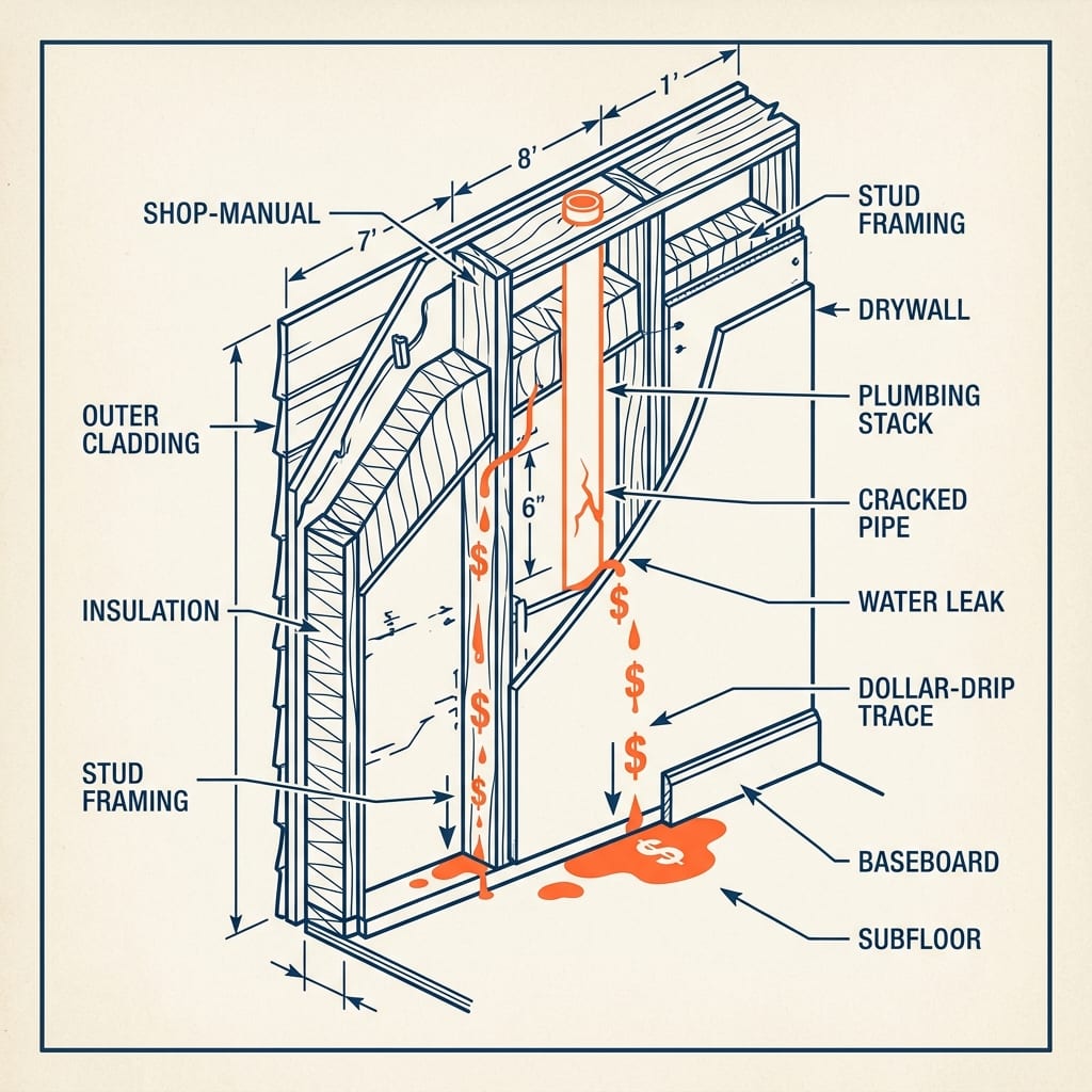 A wall cutaway with a slow pipe drip staining the subfloor, the three drips labeled trucks, tools, and toys.