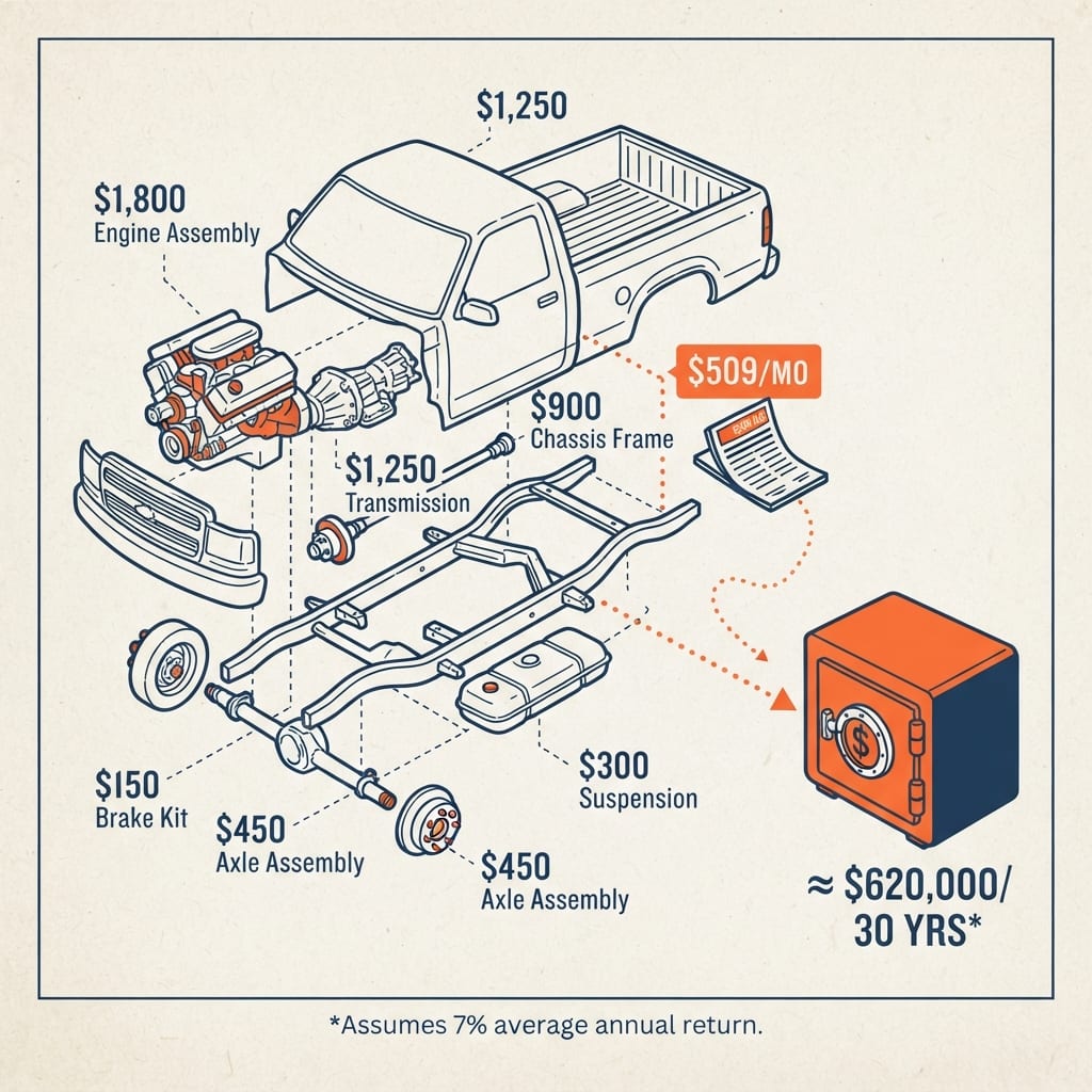 Exploded-view schematic of a pickup truck with parts labeled in dollars; a $509/mo part drifts away and reassembles into a nest-egg vault labeled $620,000 over 30 years.