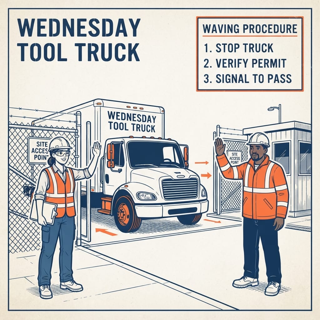 A tool truck at a jobsite gate drawn as a rolling bank vault on a step-van body, weekly payment receipts fluttering like tags.