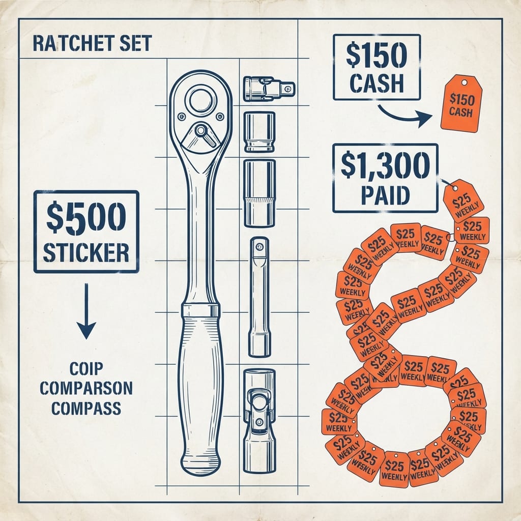 A ratchet set on a spec sheet: a $500 sticker beside a chain of 52 payment tags totaling $1,300 paid, versus a plain $150 cash tag.