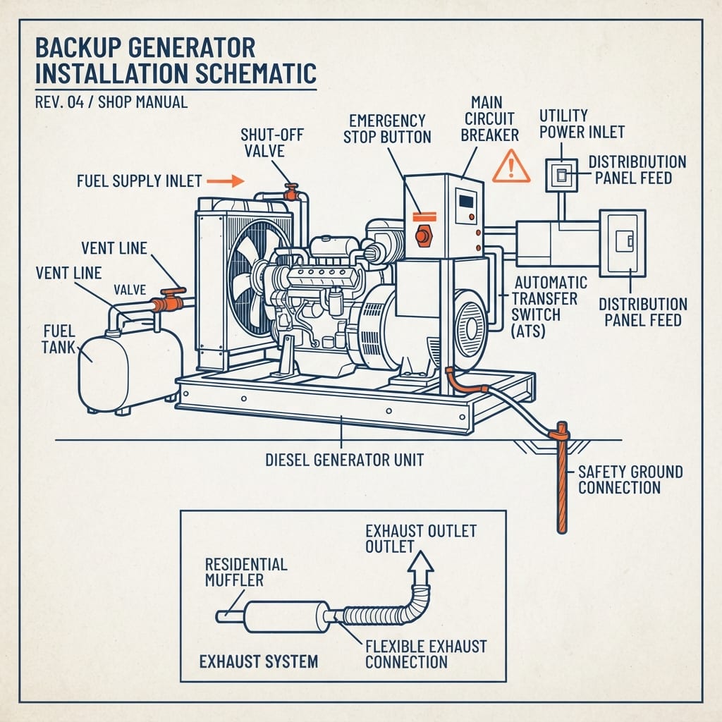 A standby generator beside a small house, its transfer switch labeled “grid-down only: job loss, medical, major repair.”
