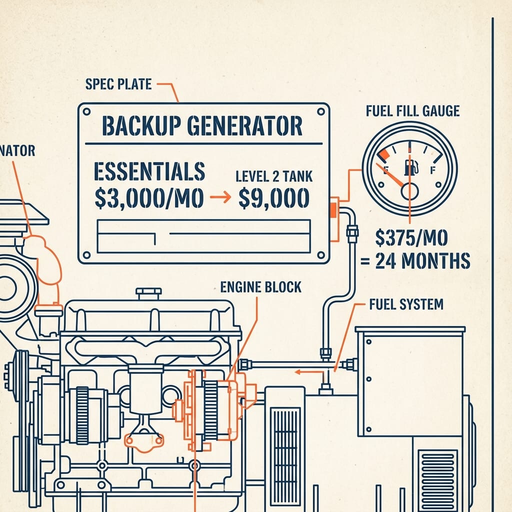 A backup-generator cutaway with a fuel gauge marked in months; zones read $1,000 first, 3 months = $9,000, and 6–12 months, fed by a pump stamped $375/mo.