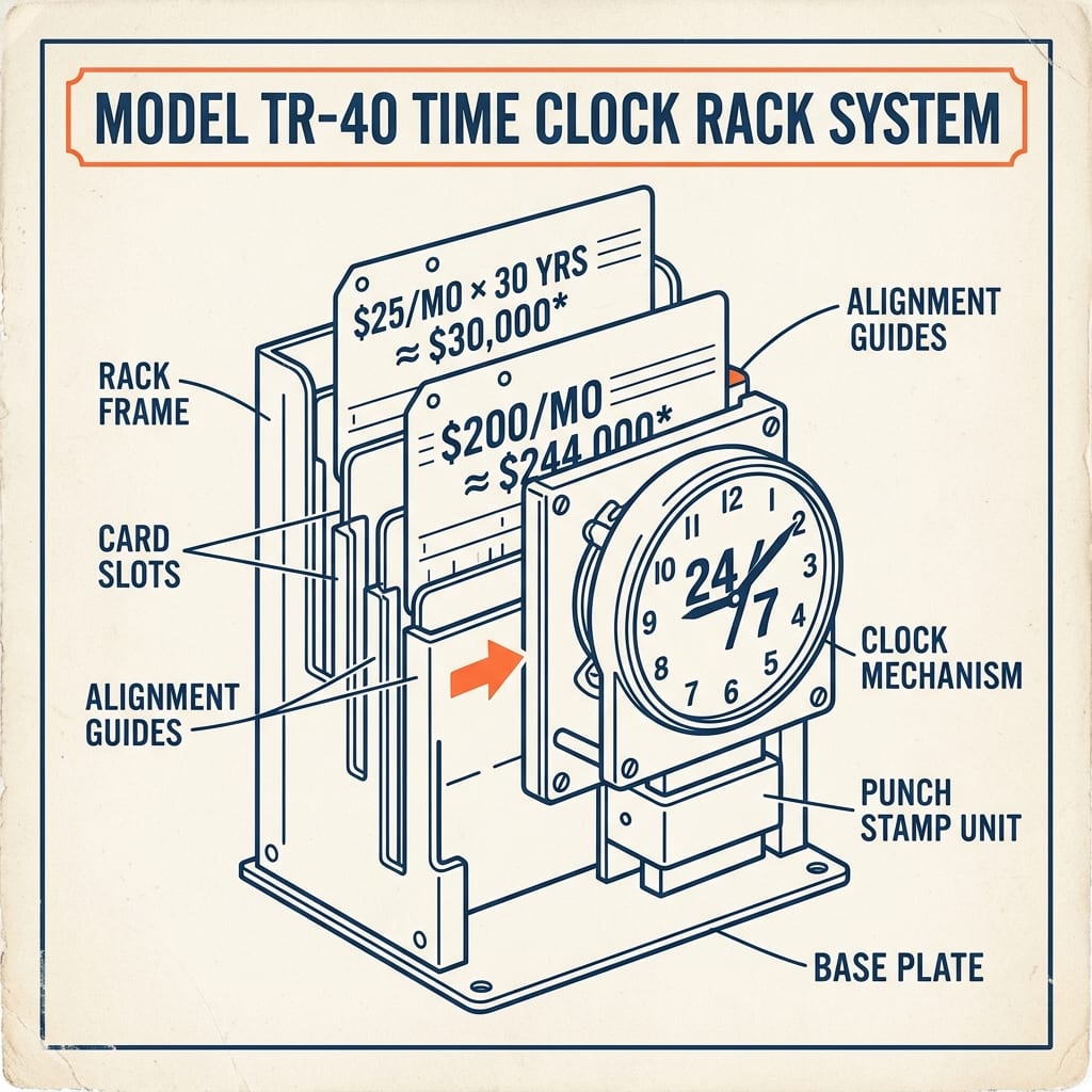 A time-clock punch-card rack: one card stamped $25/mo × 30 yrs ≈ $30,000, a thicker card $200/mo ≈ $244,000, a note reading “you put in $9K / $72K.”