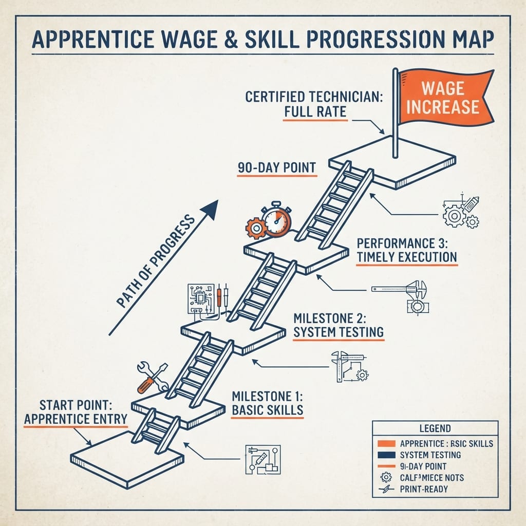 An apprentice wage-progression chart drawn as a jobsite ladder with raise tags, half of each tag peeling off toward a savings tank.