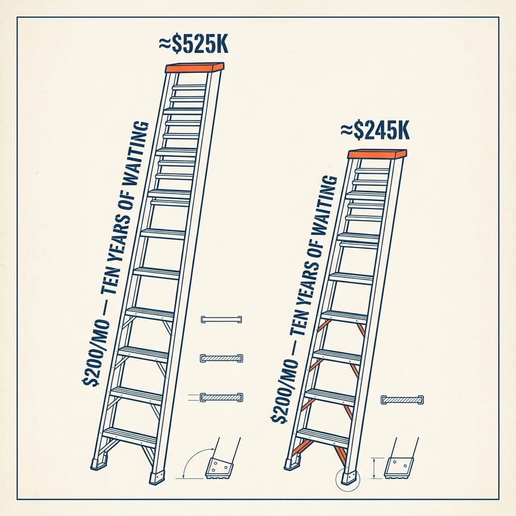 A wage-scale ladder: $200/mo starting at 22 rises to about $525K by 62 in blue; a shorter ghosted ladder starting at 32 reaches about $245K, the gap dimensioned “the cost of waiting.”