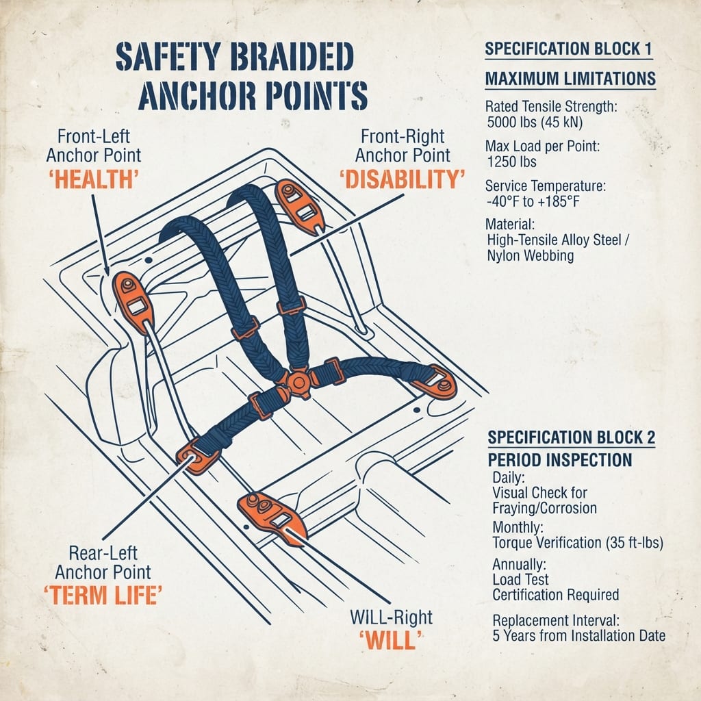 A four-point harness anchor diagram with the points labeled health, disability, term life, and will.