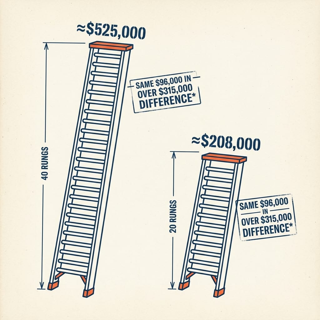 Two identical ladders side by side: one 40 rungs tall topped $525K, one 20 rungs topped $208K, both labeled “same $96,000 in.”