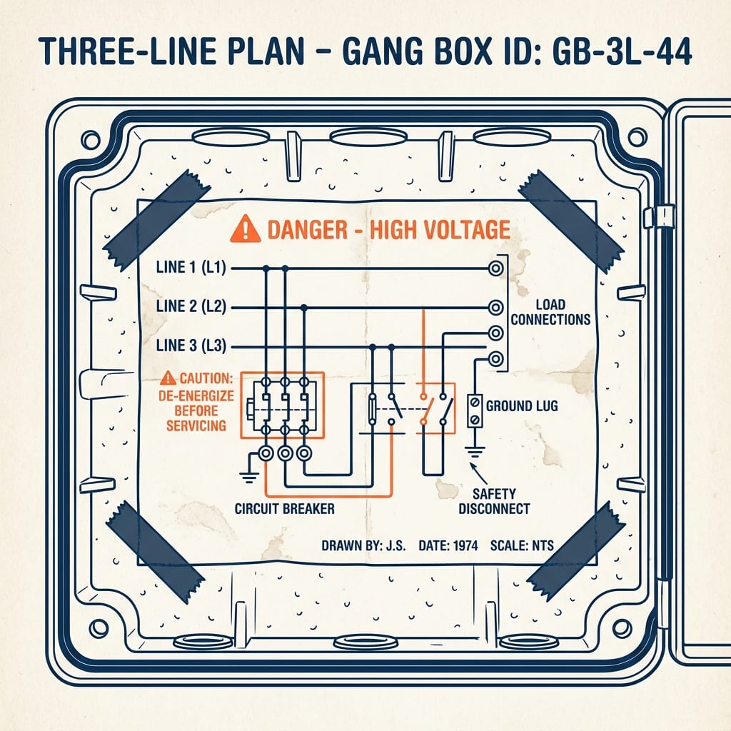 A taped three-line note inside an open gang-box lid in handwriting-style stencil, a thumb hovering over a ghosted phone in the corner.