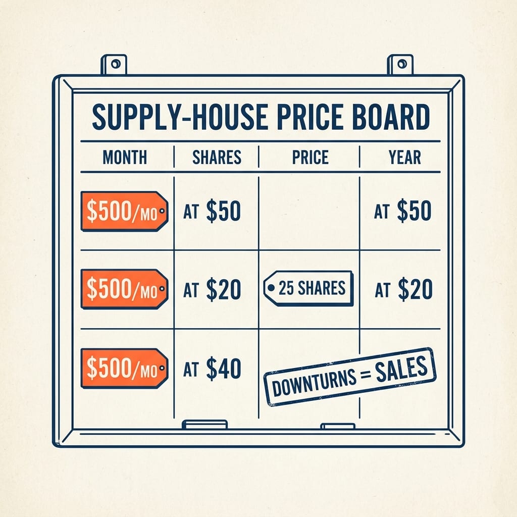 A parts-bin shelf where the same $500 price tag buys 10 shares at $50, 25 at $20, or 12.5 at $40, stenciled “the worst months buy the most.”