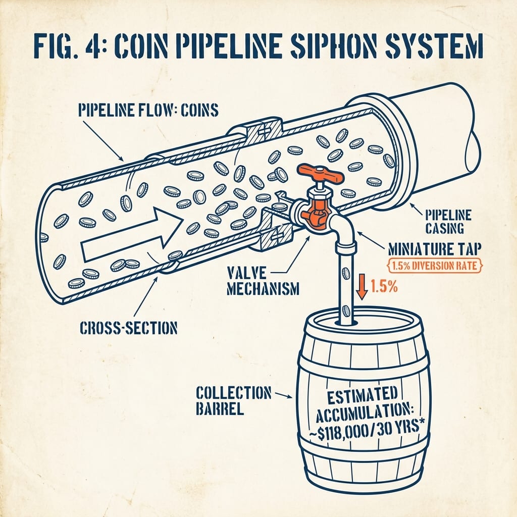 A cross-section of a coin pipeline with a small 1.5% tap siphoning into a barrel stamped $118,000 over 30 years.