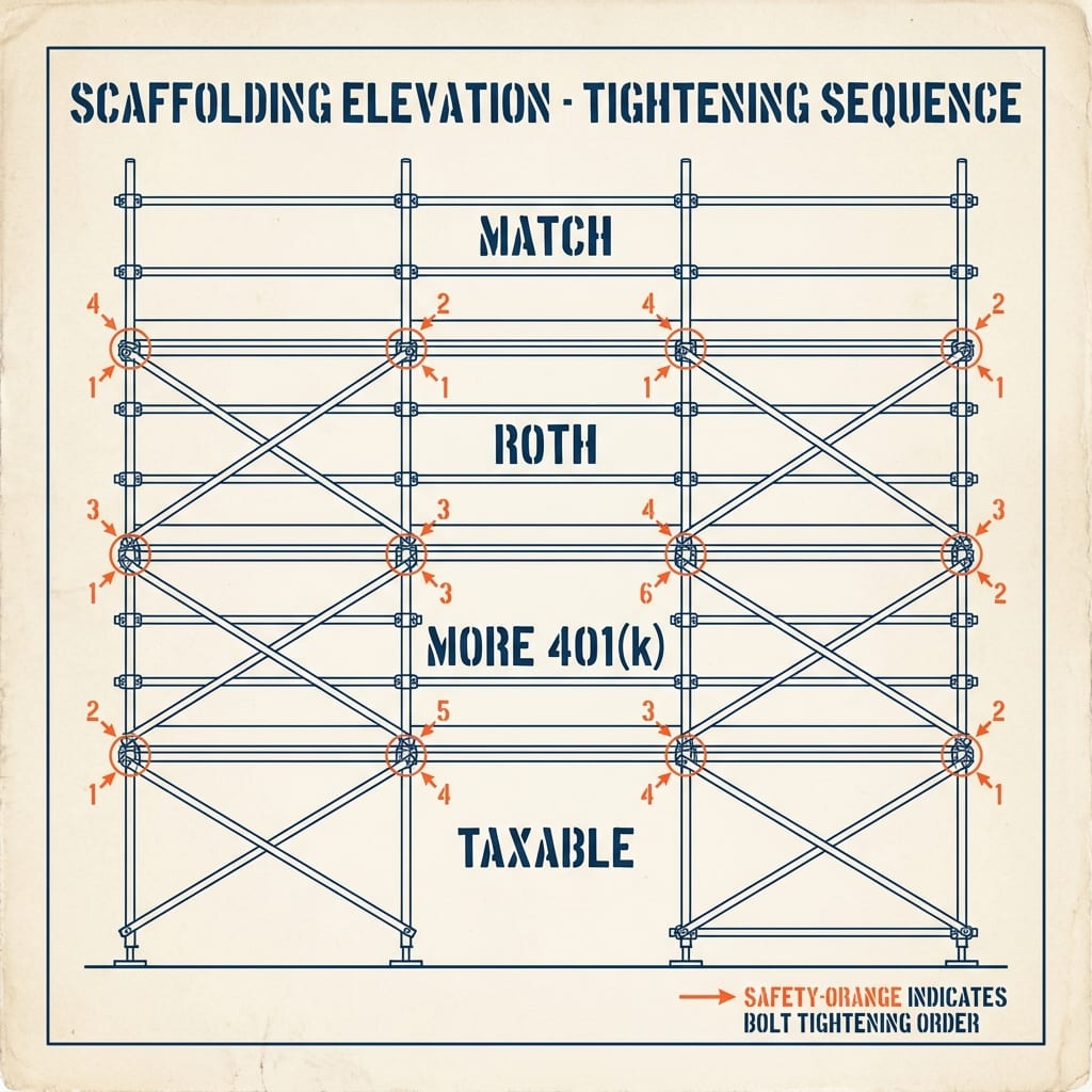 Retirement-stack scaffolding with rungs labeled match, Roth IRA, more 401(k), and taxable bridge.