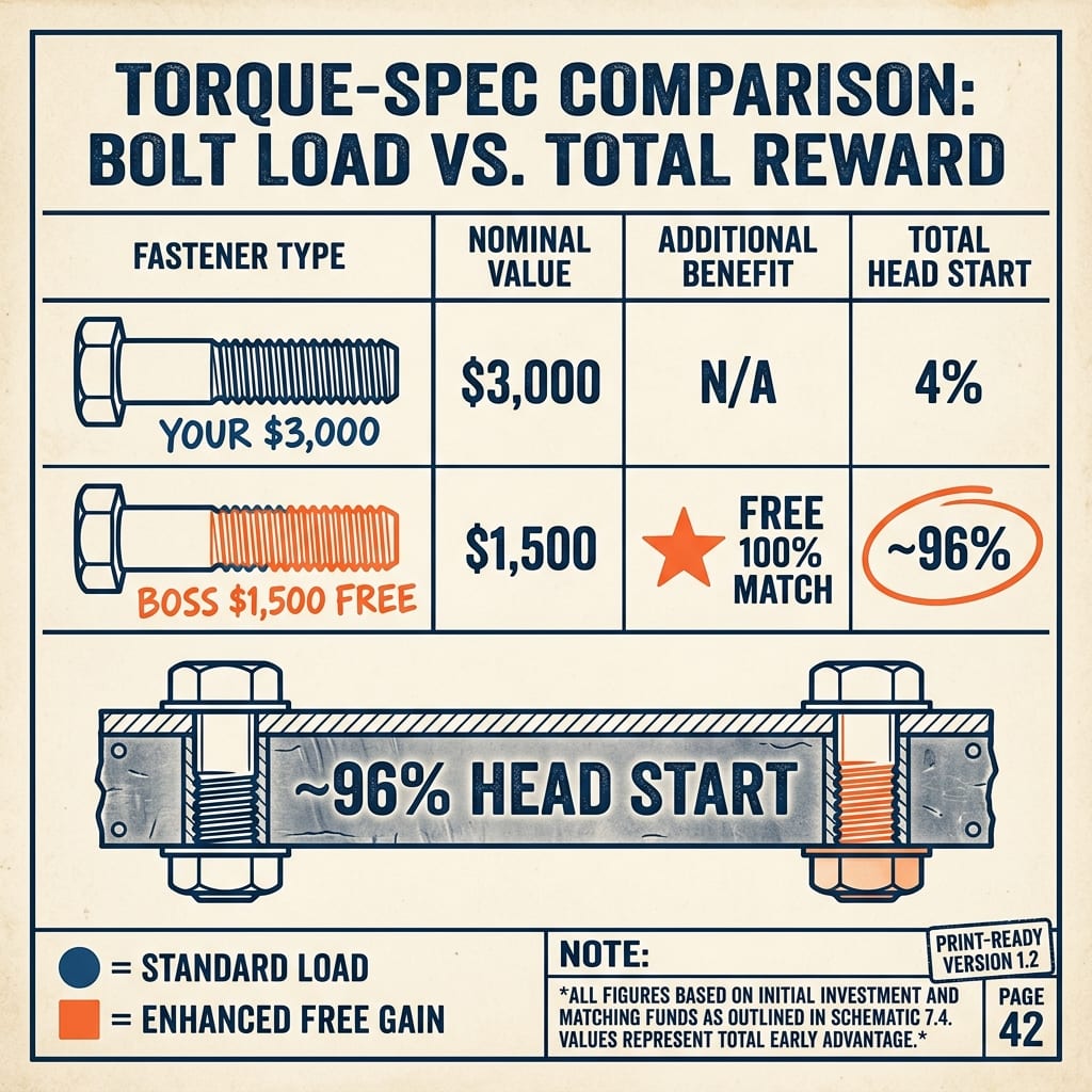 A torque-spec chart: a “your $3,000” bolt plus a free “boss $1,500” orange bolt clamping a plate stamped ≈96% head start.