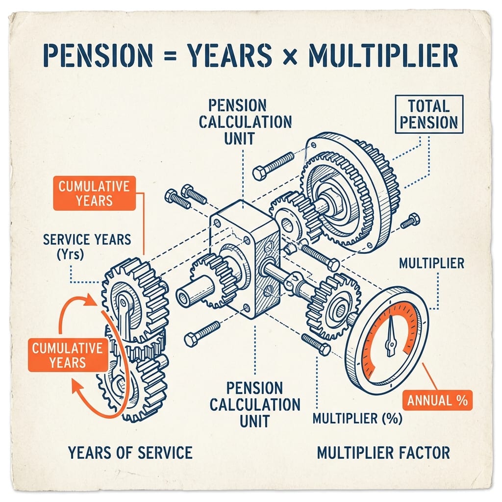 A union benefit statement drawn as a folded blueprint with a magnifier over the words multiplier and vesting.