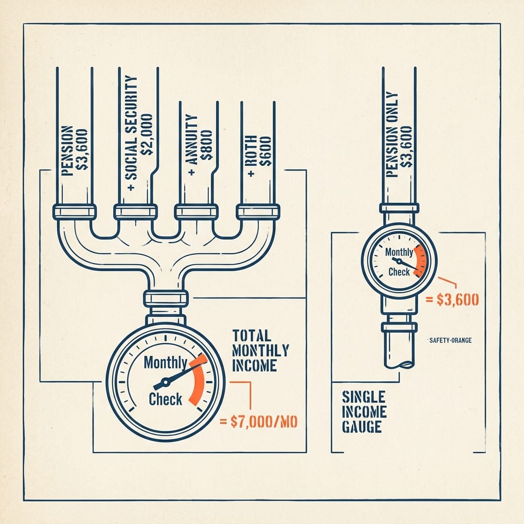 A four-pipe manifold feeding one monthly meter, pipes labeled pension $3,600, Social Security $2,000, annuity $800, and Roth $600 tax-free, the meter reading $7,000/mo.