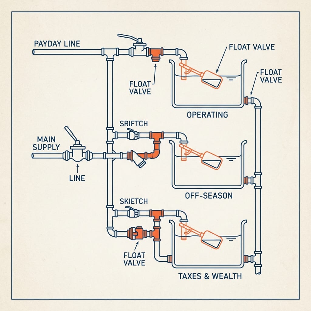 A three-account plumbing schematic with tanks labeled operating, off-season, and taxes & wealth.