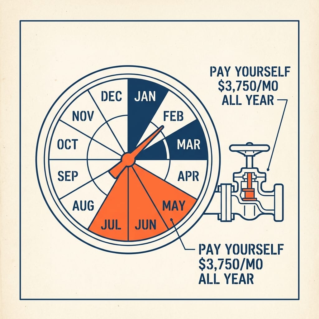 A 12-month gauge dial with summer months shaded orange and winter blue, a governor valve labeled “pay yourself $3,750/mo all year.”
