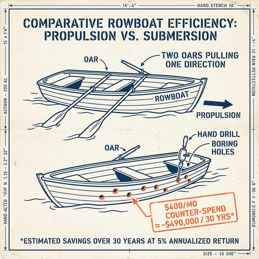 A jon-boat blueprint: two figures rowing the same way versus an inset of one rowing while the other drills a hole, callout “$400/mo counter-spend ≈ −$490,000 over 30 years.”