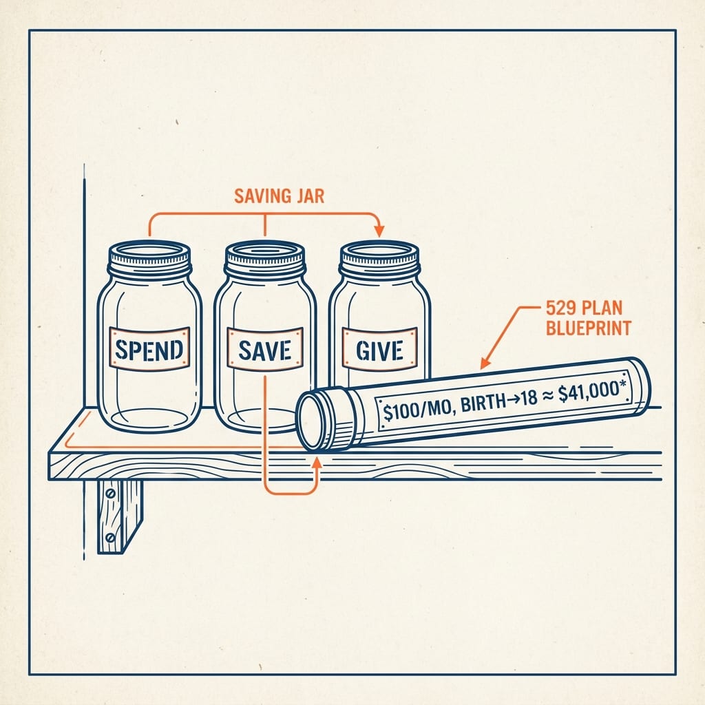 Three mason jars labeled spend, save, and give on a workbench, a growth-chart ruler on the wall marked “$100/mo, birth→18 ≈ $41,000.”