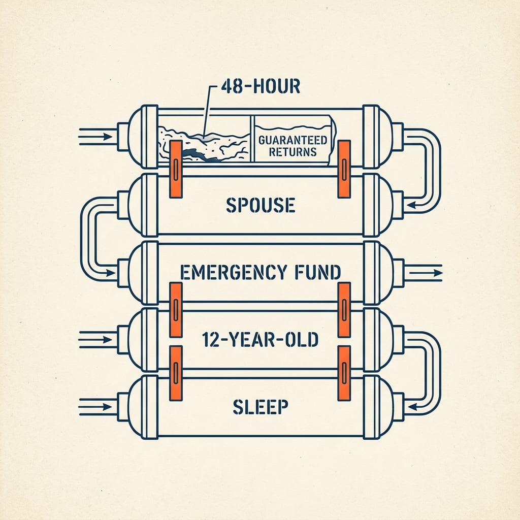 A five-stage scam-filter assembly labeled 48-hour, spouse, emergency fund, 12-year-old, and sleep, with a too-good-to-be-true “sure-thing returns” pitch caught as sludge in the first stage.