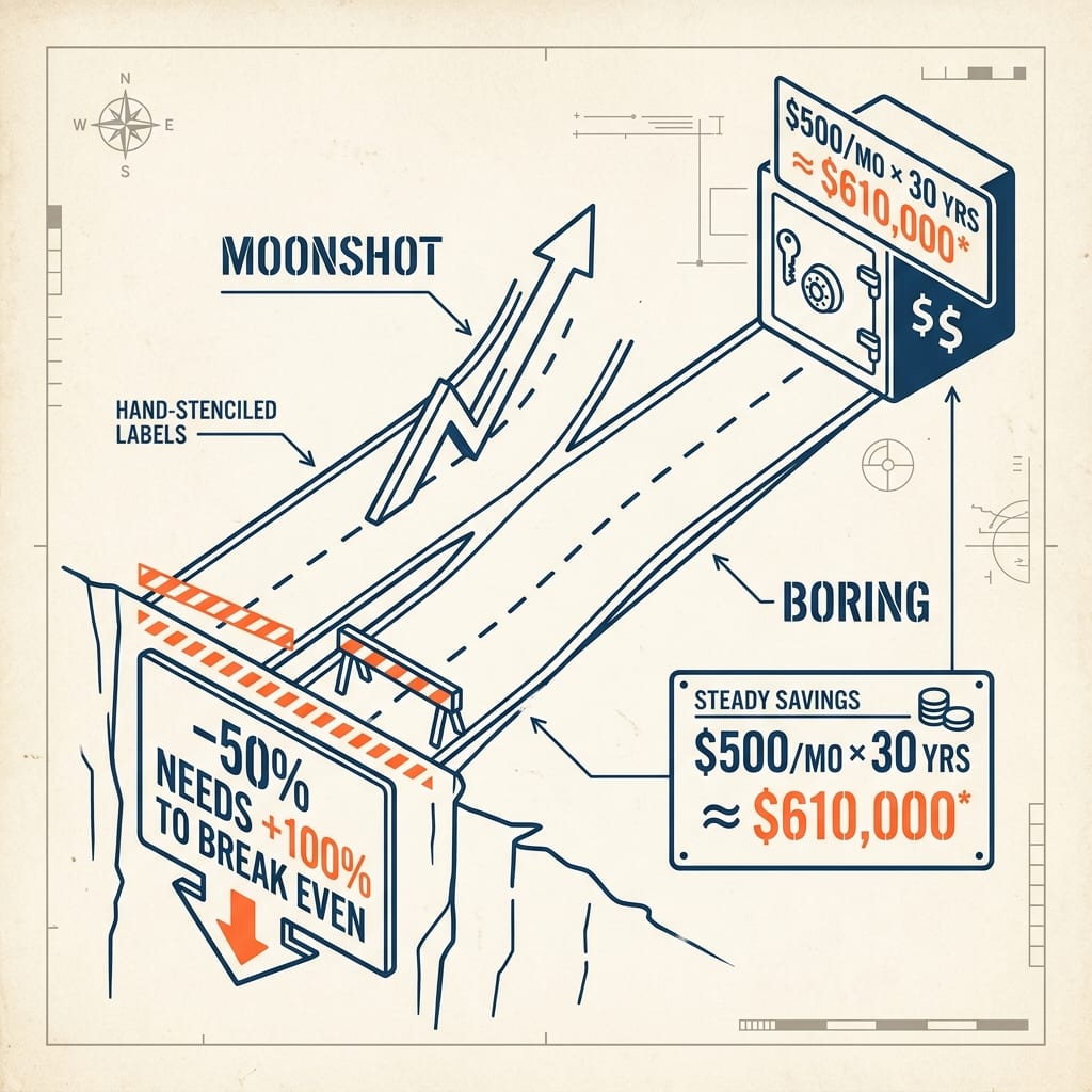 Two spec sheets: “exciting — $10K down 50% to $5K, needs +100% to break even” with a snapped line graph, versus “boring — $500/mo × 30 yrs ≈ $610,000” with a steady stair-step line.