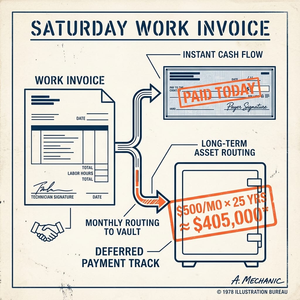 A Saturday work invoice as a schematic: “paid once: the job,” an arrow routing the payment into a gear assembly “paid twice: invested,” output stamped $500/mo × 25 yrs ≈ $405,000.