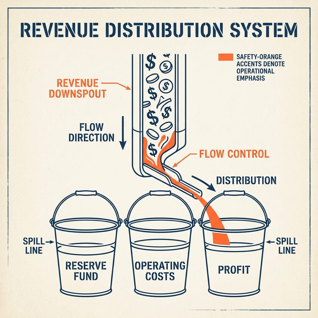 Three labeled buckets under a single downspout marked “every payment,” float valves set to 50–60, 25–30, and 15–25.
