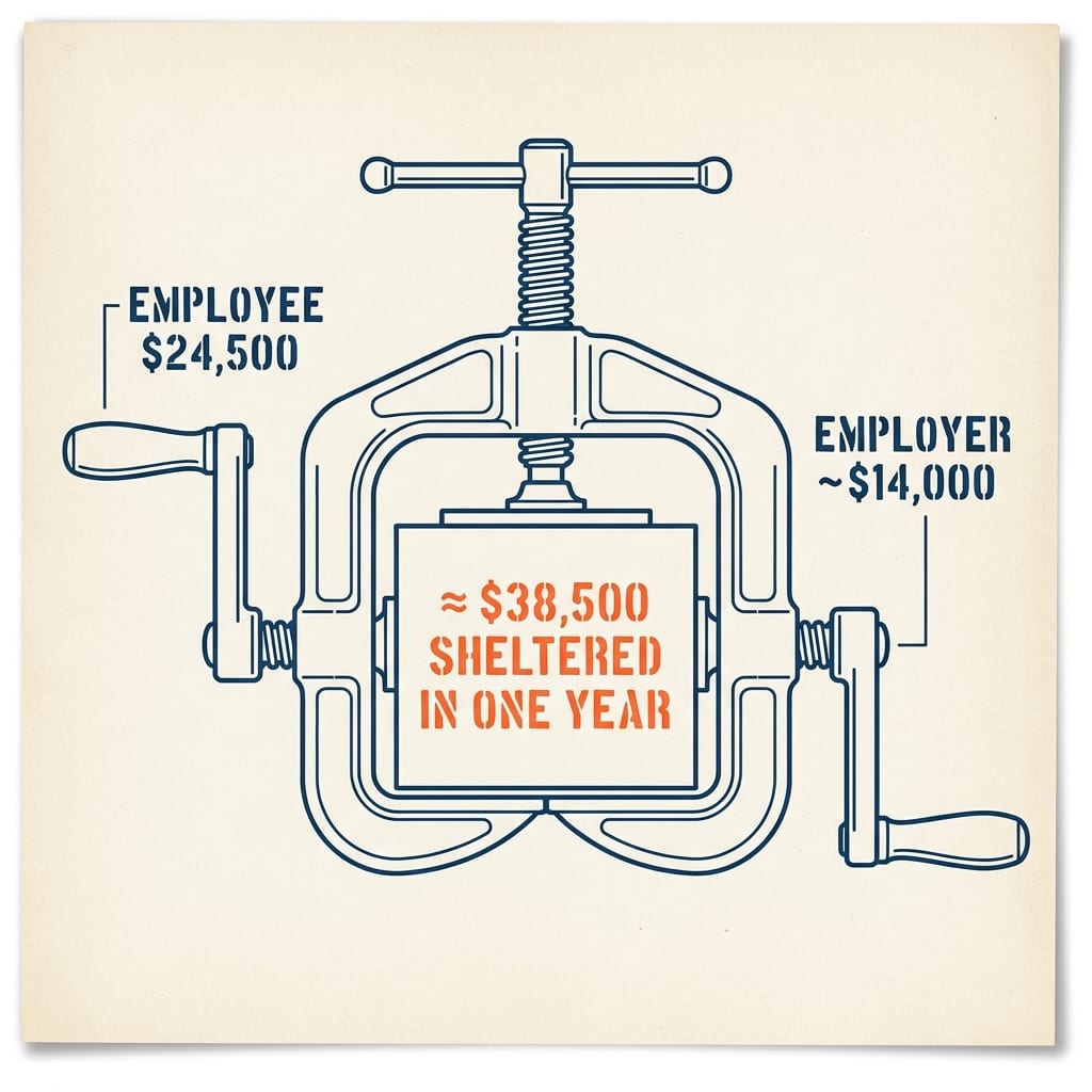 A Solo 401(k) drawn as a two-chamber pressure tank: chamber one employee $24,500, chamber two employer ~$14,000, the combined gauge reading ≈$38,500 sheltered per year (2026).