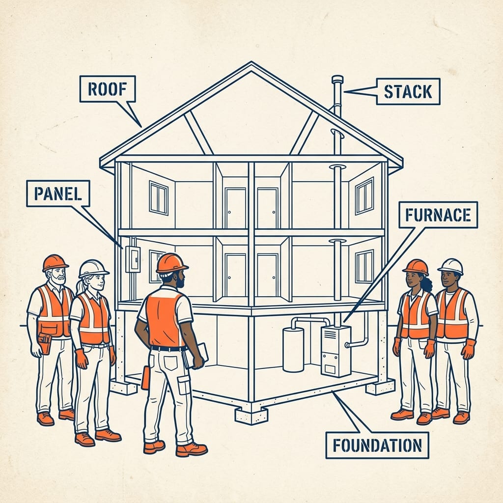 A clipboard walkthrough checklist over a duplex elevation — roof, panel, stack, furnace, foundation, windows, grading — each with a checkbox.
