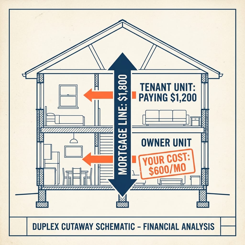 A duplex cutaway blueprint: unit A labeled you, unit B tenant $1,200, a mortgage line $1,800, and a net callout in orange reading “your housing: $600/mo.”