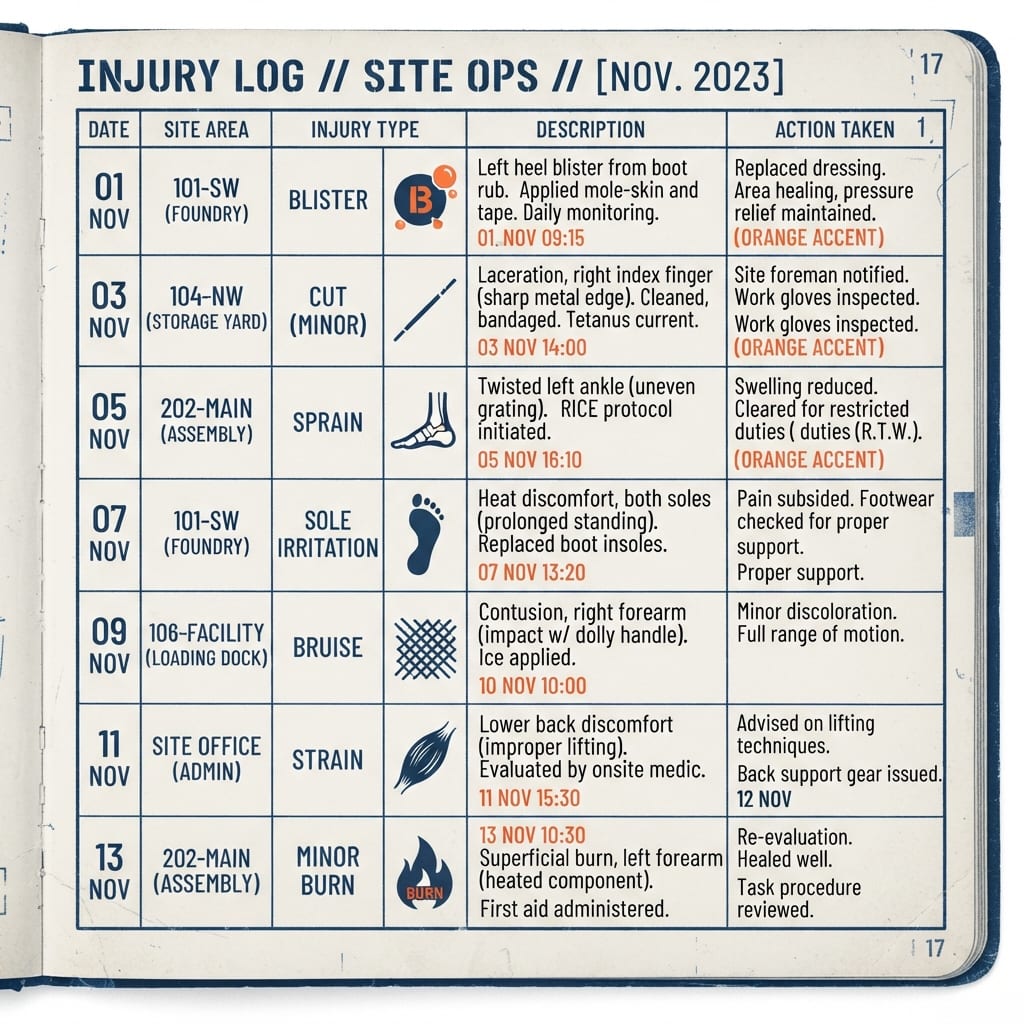 A notes-app page drawn as a bound field log with columns date, task, and what hurts, a hard hat resting on it.