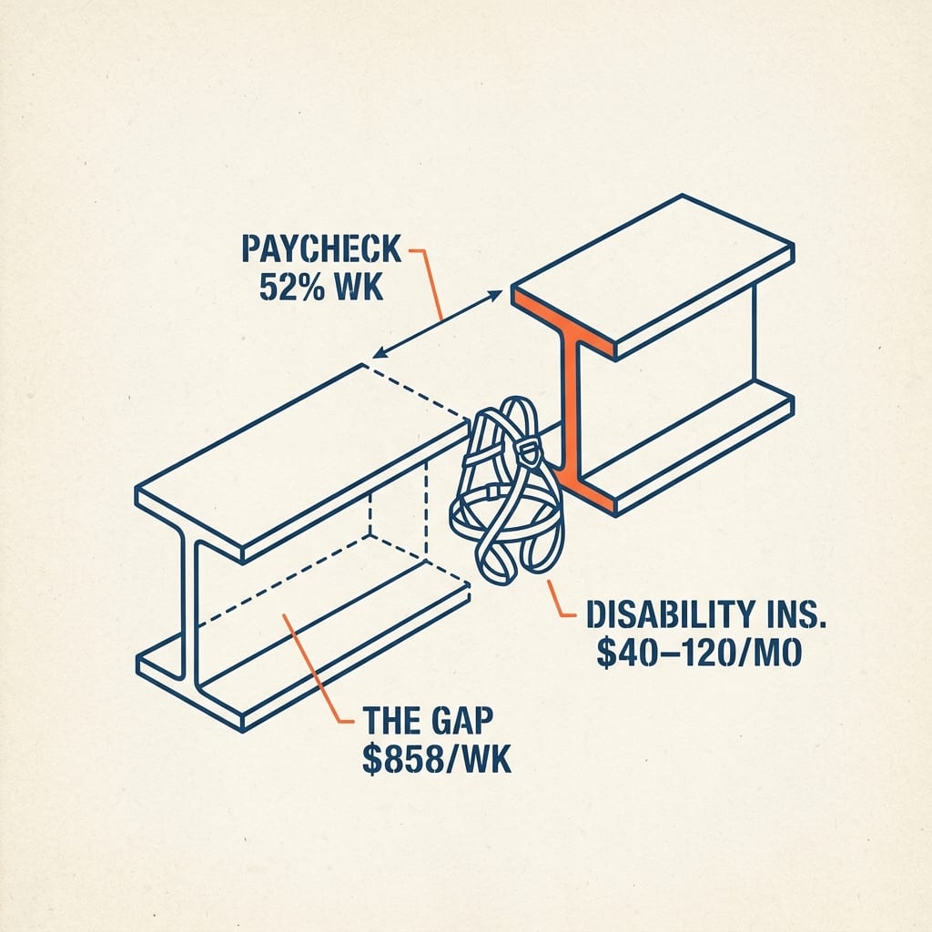 A paycheck drawn as an I-beam sawn at 52%, the missing half ghosted and labeled “the gap $858/wk,” a small harness labeled disability insurance $40–120/mo bridging it.