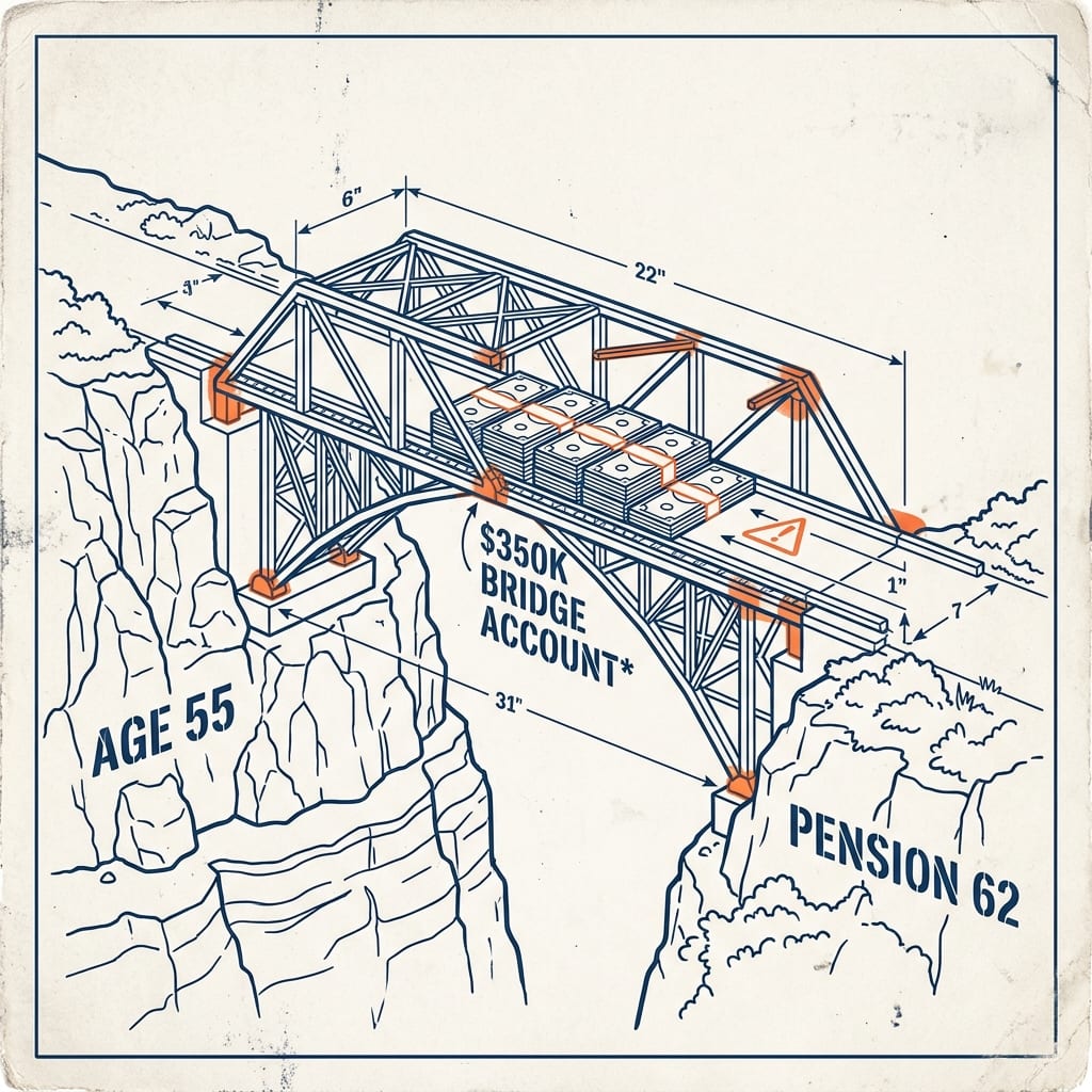 A blueprint bridge spanning from a cliff labeled age 55 to one labeled pension 62, its deck built of stacked bills labeled “$350K bridge account.”