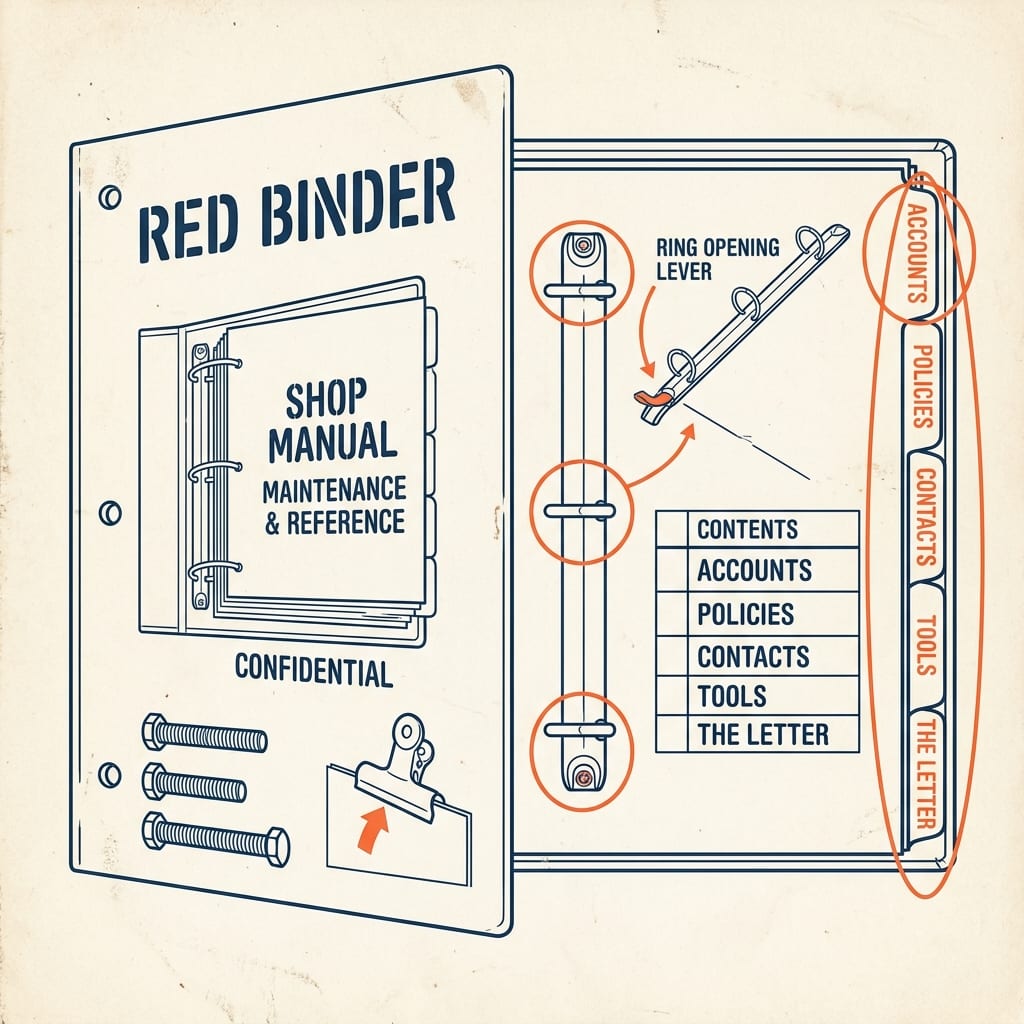 A red three-ring binder drawn as a finished punch list with tabs accounts, policies, contacts, tools, and the letter, and a signed-off inspection stamp.
