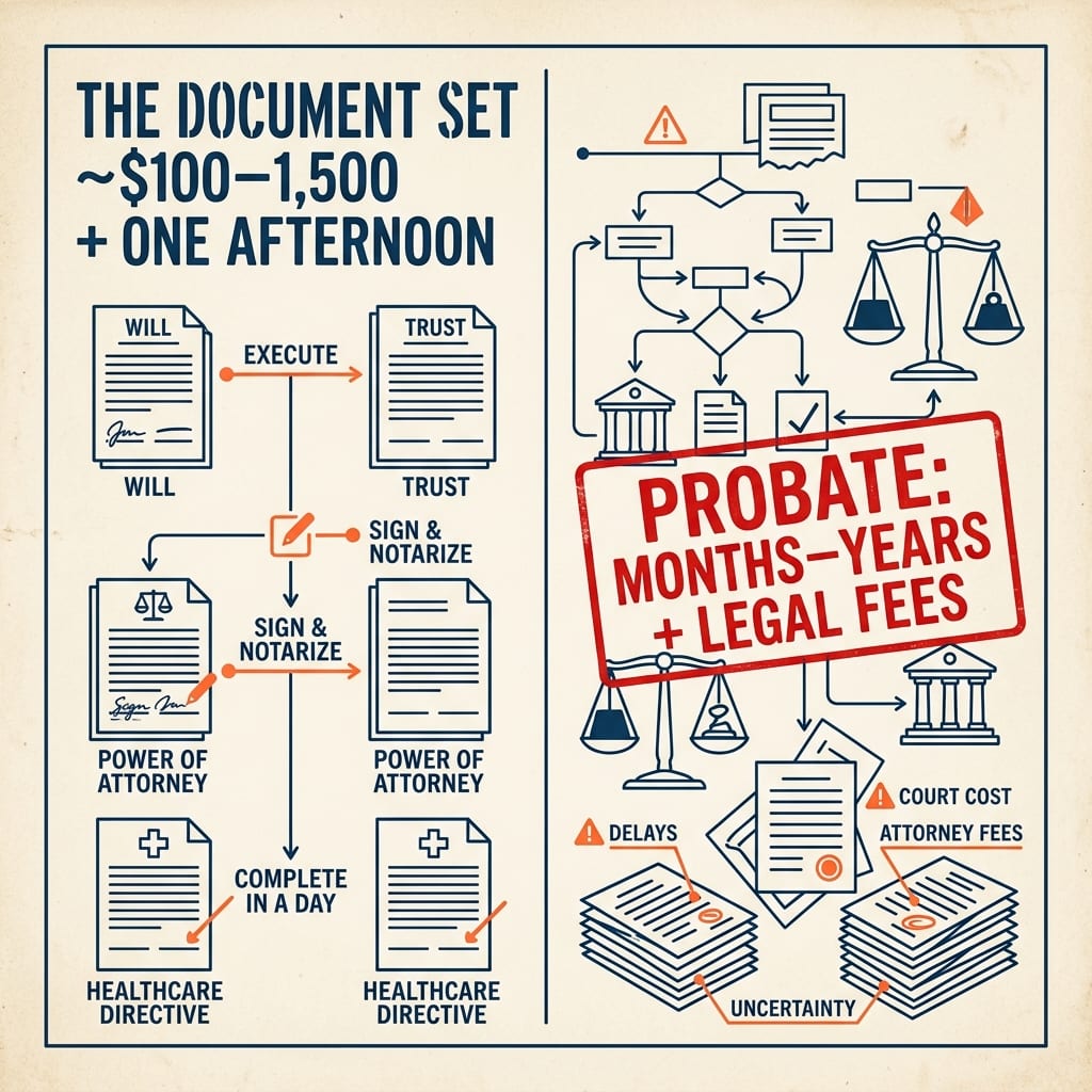 A jobsite cost-comparison plate: “the document set ~$100–1,500 + one afternoon” as a tidy red binder, versus “skipping it: probate, years, fees” as a tangled court maze.
